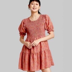 Target wild fable Floral Smocked Puff-Sleeve Mini Dress in Dusty Coral
